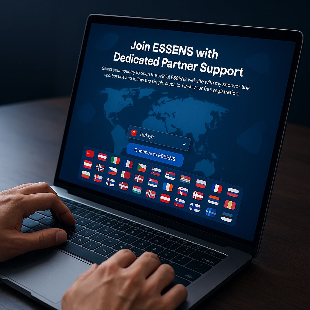 ESSENS partner registration page with international country selector